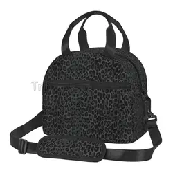 Black Leopard Print Lunch Bag Insulated Reusable Bento Tote for Women Thermal Cooler Bag with Adjustable Strap for Work Travel