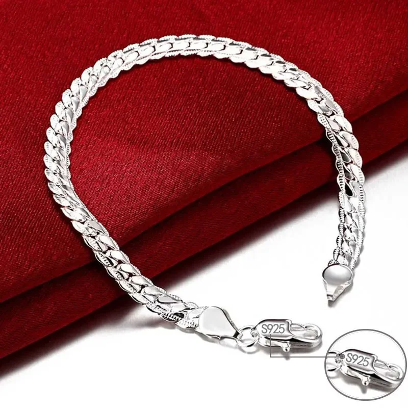 925 Sterling Silver Bracelet 6mm 18/20cm Flat Side Chain Lobster Clasp Bracelet for Woman Man Party Wedding Engagement Jewelry