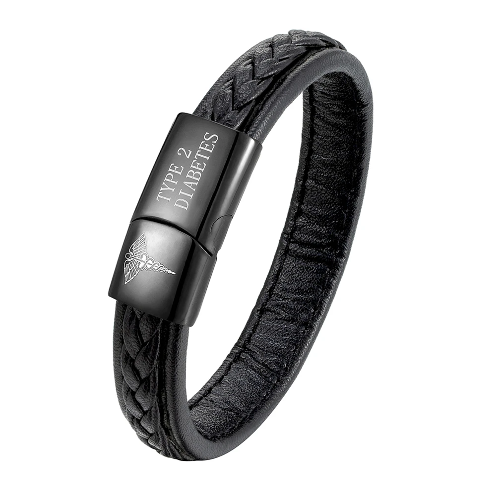 Pulsera médica para la Diabetes tipo 2, brazalete de cuero Multicolor opcional, recordatorio de emergencia, joyería para hombres, venta al por mayor