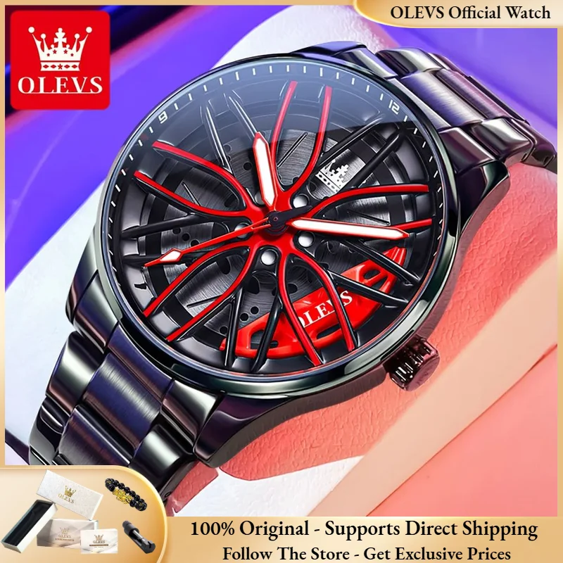 OLEVS 9937 Men Watch Luxury Rotating Wheel Dial Black Stainless Steel Waterproof Night Light Watch Quartz Watch Men Sports Watch