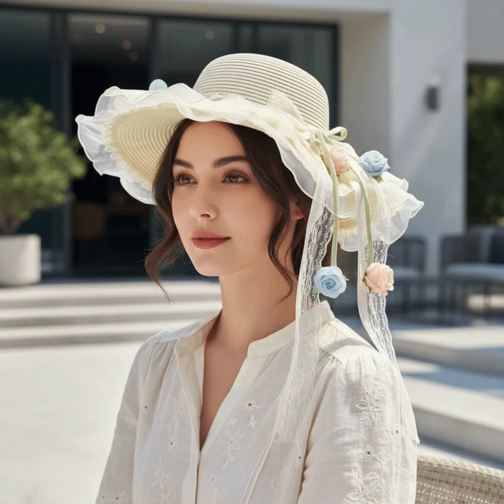 Elegant Rose Ruffle Edge Straw Hat Breathable Mesh Lace Ribbon Woven Sun Cap UV Protection Lightweight Design