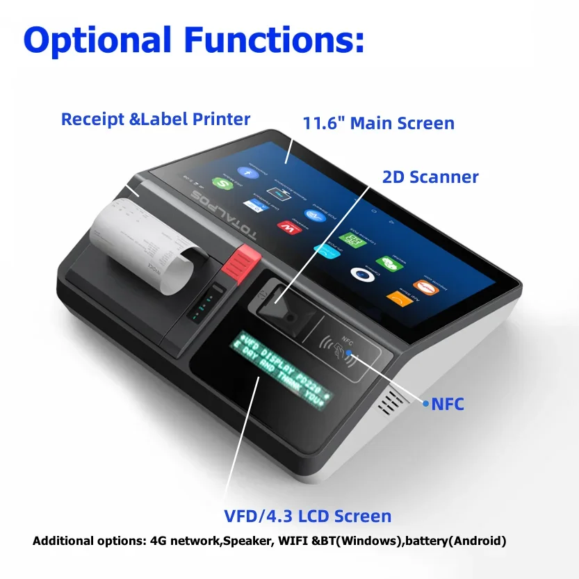 آلة Pos مع ماسح ضوئي للطابعة خيارات بطارية MSR RFID 11.6 بوصة نظام Windows 10 Pro Pos كونترتوب ماكينة تسجيل المدفوعات النقدية