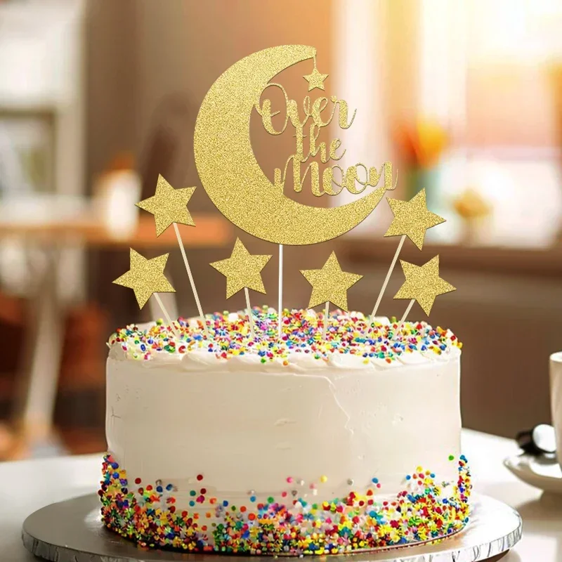 NUBECOM 12Pcs Golden Star Cake Topper and 1pc 'Over the Moon' Cake Topper, Glitter Cake Topper, Birthday Shower Party Cake Decor