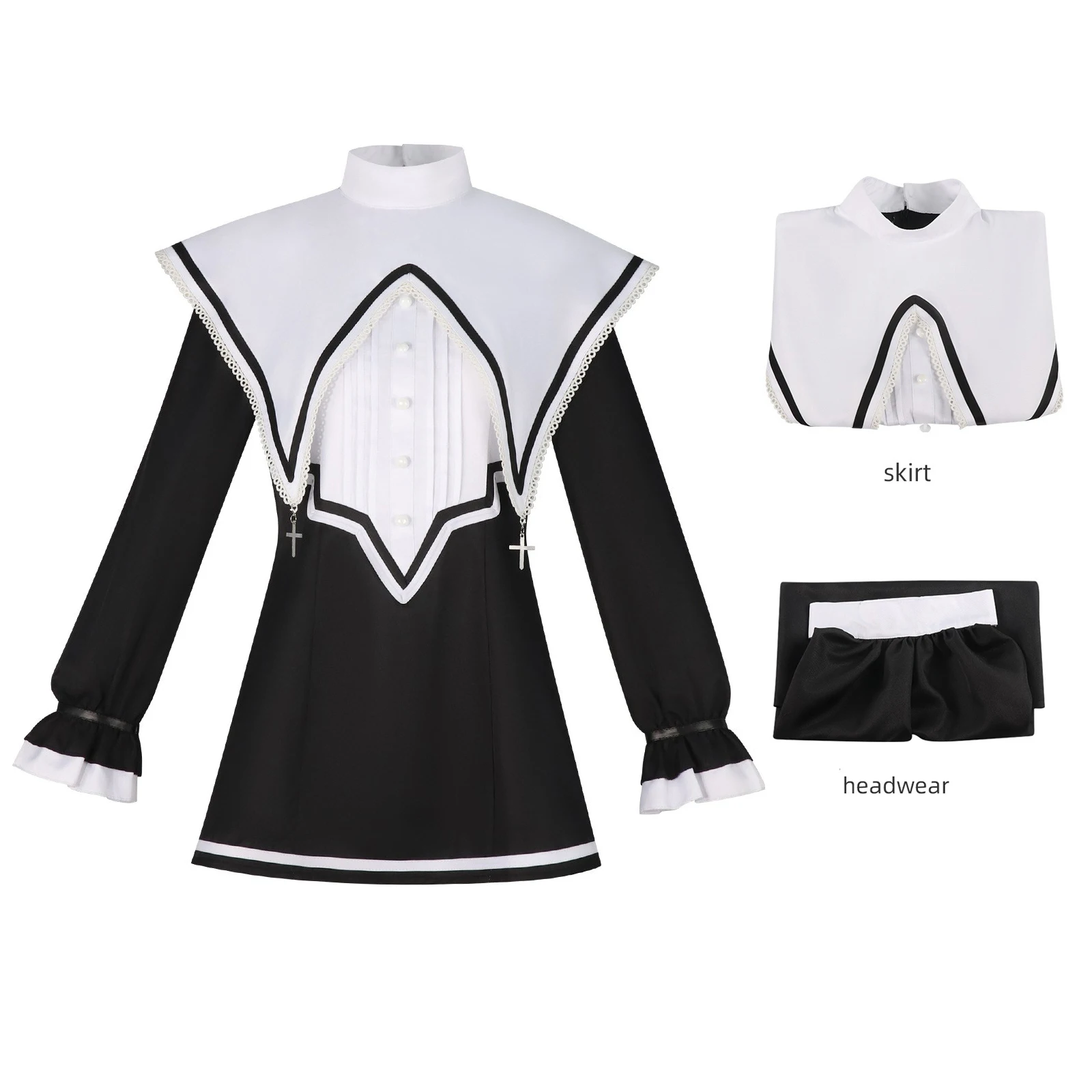 Akiyama Mizuki Nonnen-Cosplay-Kleid Project SEKAI Colorful Stage Gothic Weißer Umhang Kragen Kreuz-Dekor Schwarz-Weiß Schwester-Kostüm A
