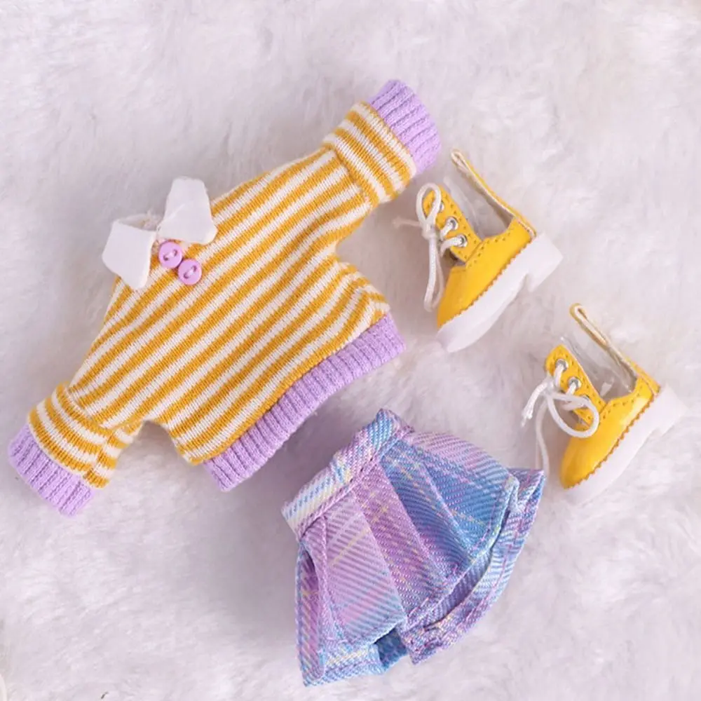 1Set Mini Stripe Sweater Skirts Set for 1/11 OB11 Dolls Clothes for 1/12 Bjd Doll Casual Wears Shoes Boots Kids DIY Gift Toys