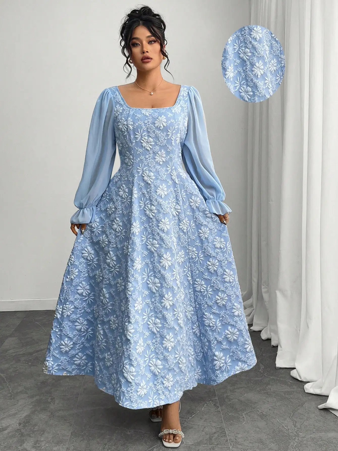 

Elegant Light Blue Floral Embroidered A-Line Dress with Puffed Sleeves