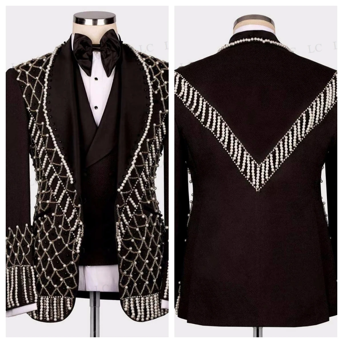 

Luxury 3 Pieces Men Suits One Button Pearls Diamonds Beads Best Man Satin Wide Lapel Formal Prom Wedding Groom Custom Plus Size