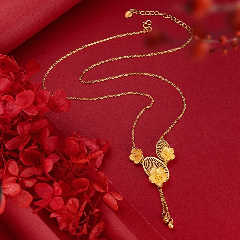 

9999 Real Gold 24K Niche high-end plum blossom fringed necklace gold hollow flower super fairy collarbone chain