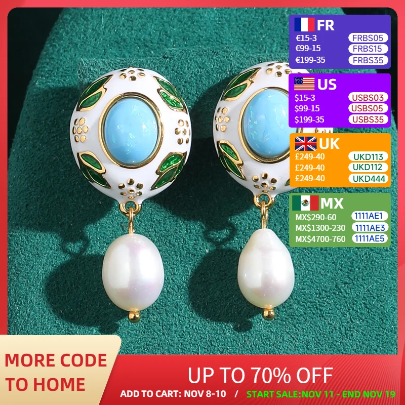 

Vintage Jewelry Gold Color Pearl Earrings Freshwater Drop Retro Green Enamel Natural Woman Luxury Designer Wedding Accessories