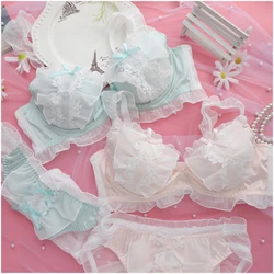 Fresh water-soluble college style underwear girls sweet and cute lingerie briefs three buckle gathered ladies bra set