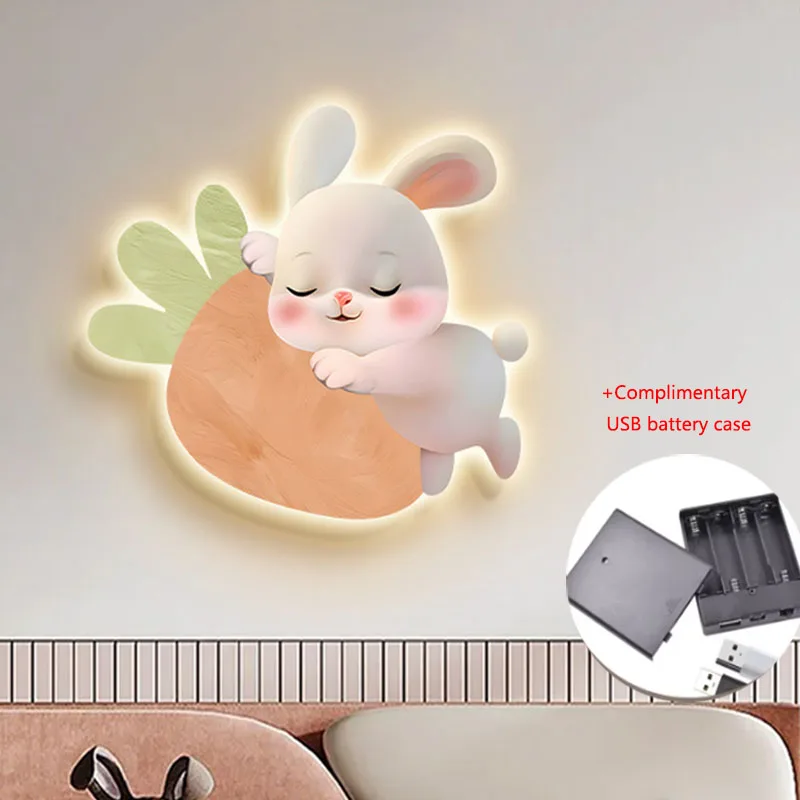 Cartoon Modern Bedroom Decoration Painting Rabbit Main Bedroom Room Headboard Background Wall Hanging Painting Led Light Mural