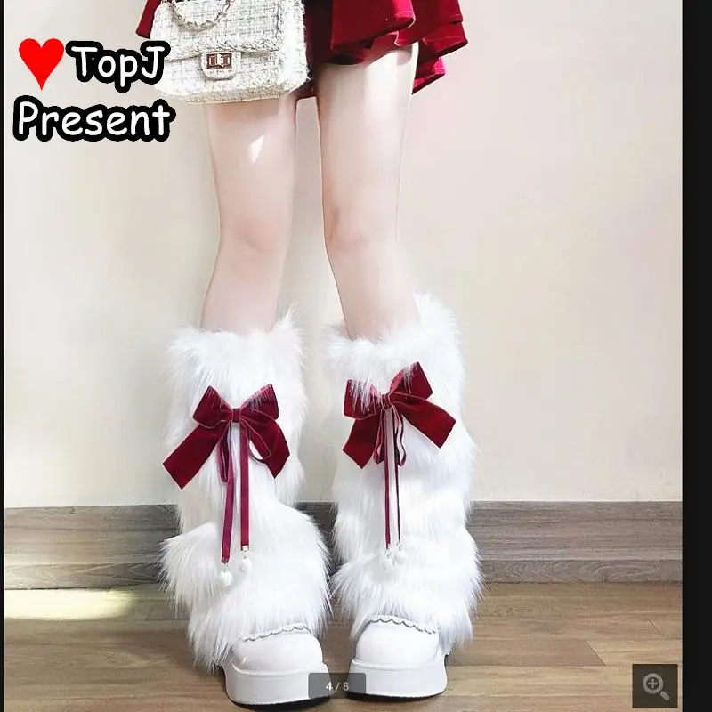 Women’s Lolita Y2k Punk Gothic Harajuk Spicy Girls New Year's Wine Red Bow Furry Cute Leg Socks Leg Warmers Cover