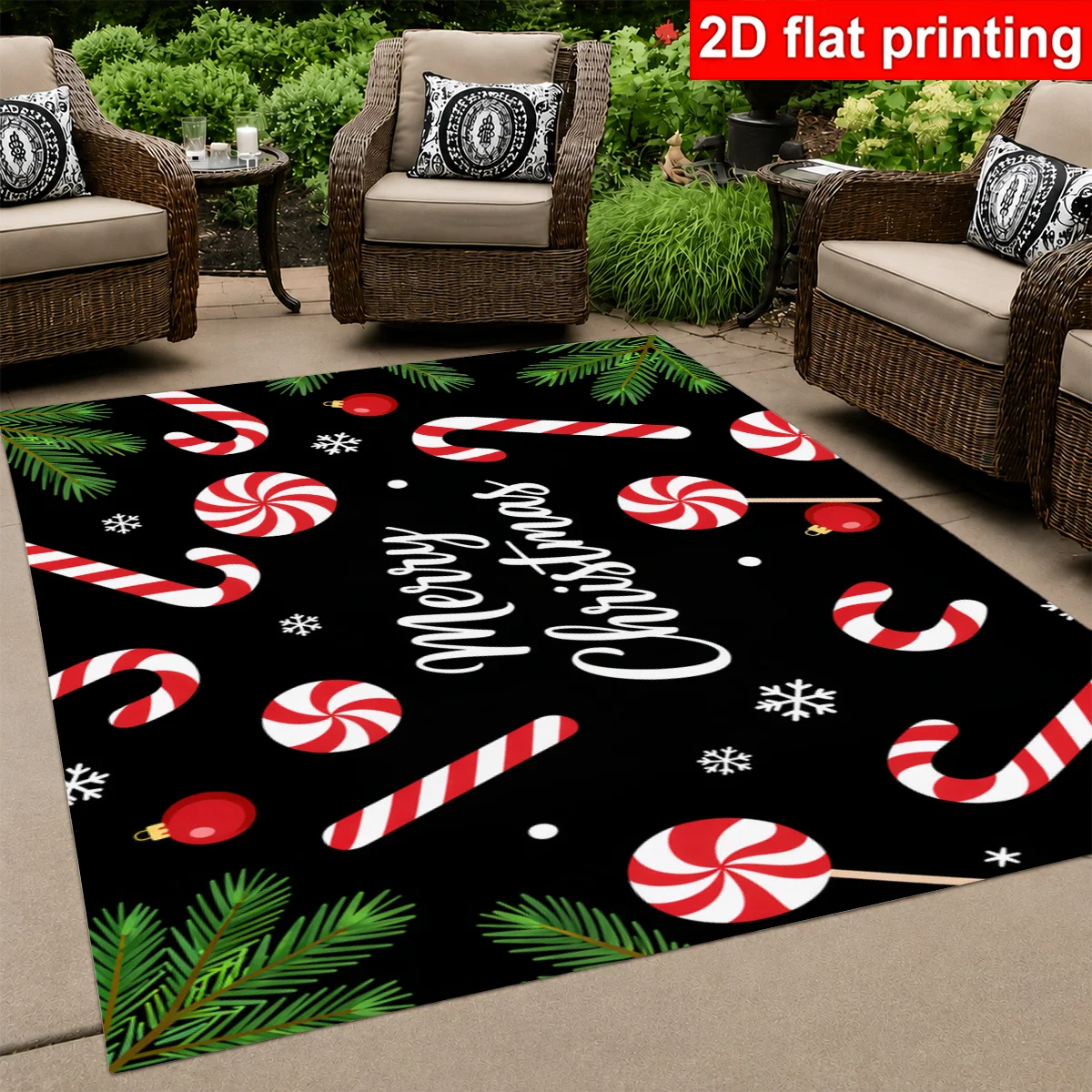 1pc 2D Flat Merry Christmas Candy Cane Peppermint Pine Branch Printed Floor Mat, Decorative Rug for Living Room, Bedroom, Home