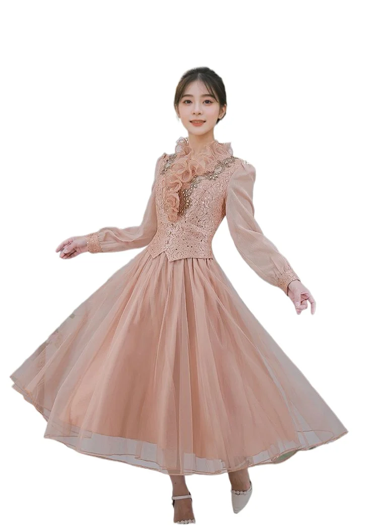 Różowa sukienka damska 2025 w nowym stylu, szlachetna, elegancka i modna, optycznie odmładzająca, o długości do talii, z długim rękawem.