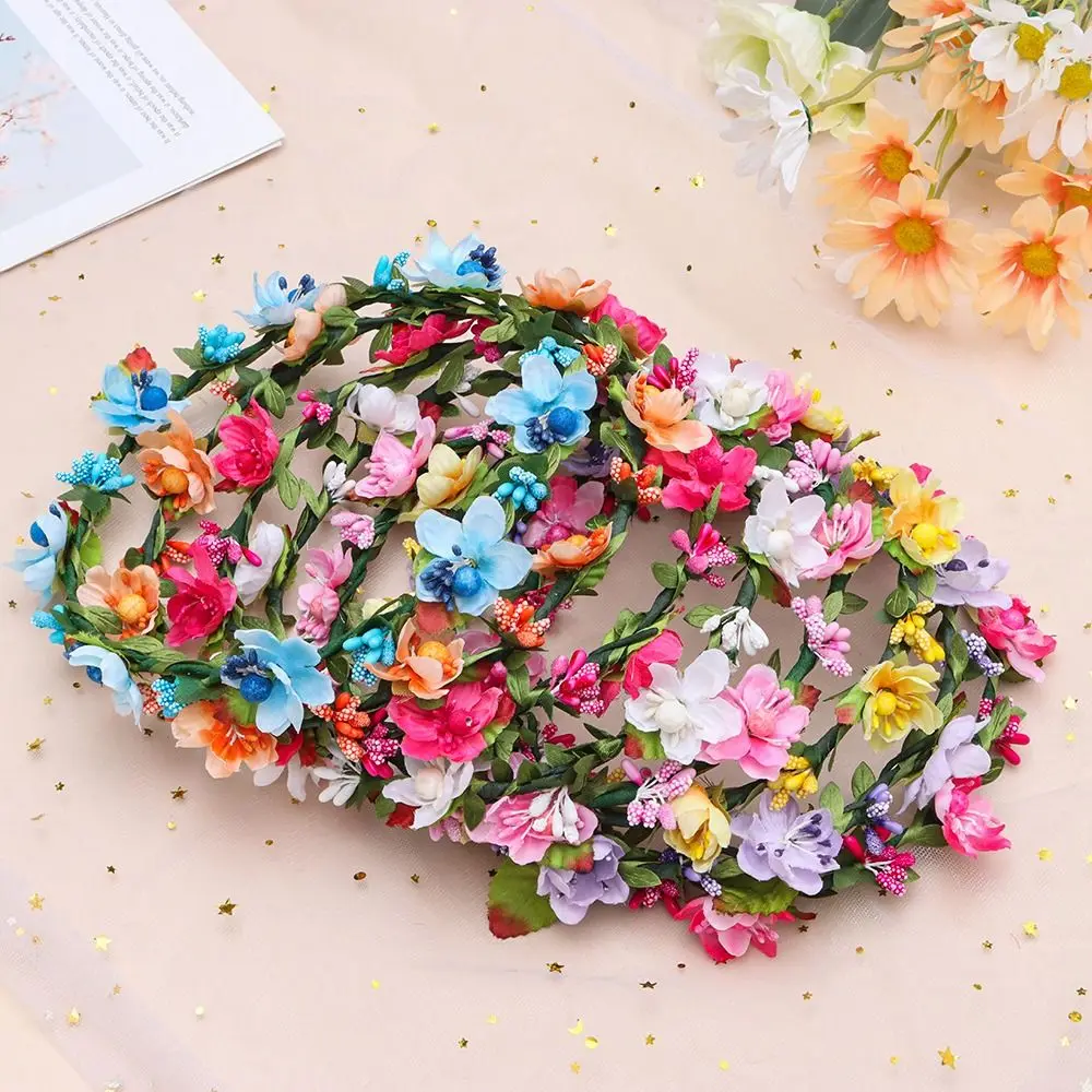 Fashion Bohemia Garland Flower Crown Women Headbands with Adjustable Ribbon Girls Floral Wreath Bridal Halo Headpiece