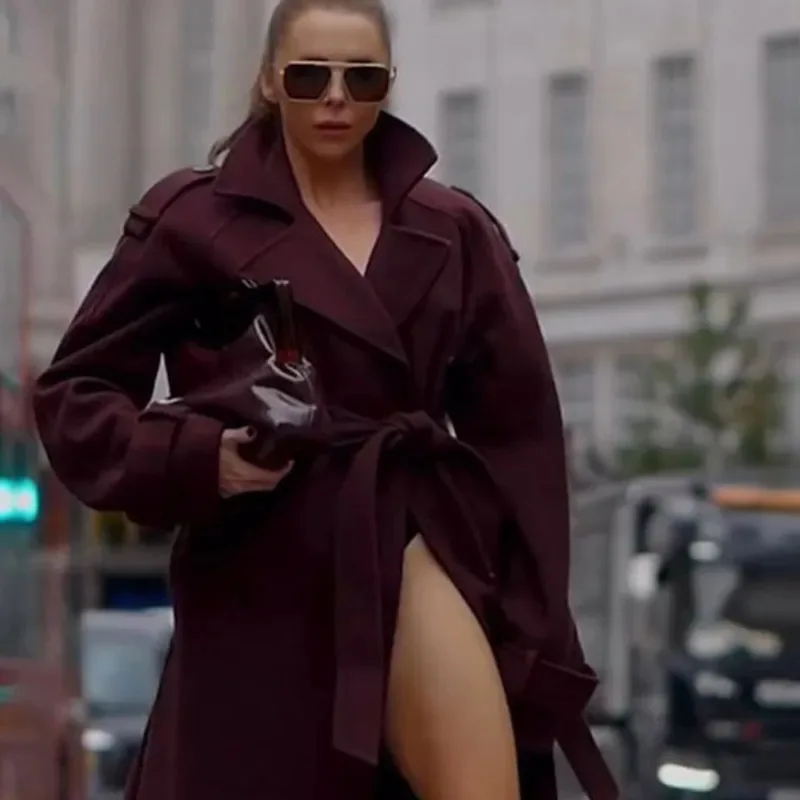 

Luxury Women Burgundy Lapel Maxi Overcoat Chic Autumn Winter Double-breasted with Belt Female Jacket Design Trend Trench Coats