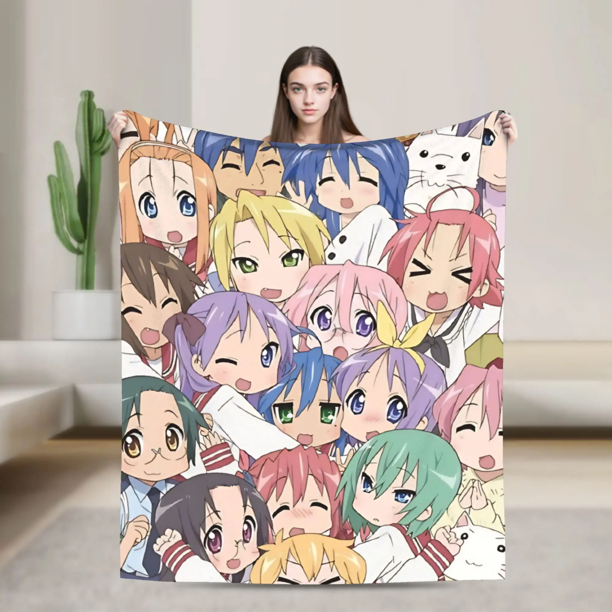 Mantas con póster de Lucky Star Cast, manta polar de verano con aire acondicionado de Anime, manta muy cálida transpirable para sofá, alfombra para coche