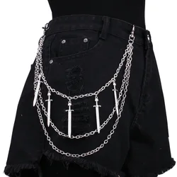 Punk Street Silver Color Cross Sword Charm Belt Waist Chain Male Women Pants Chain Multi Layer HipHop Hook Trousers Keychain