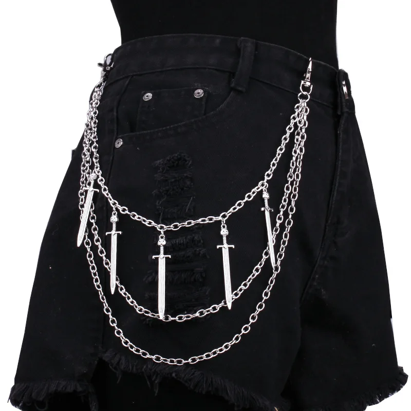 Punk Street Silver Color Cross Sword Charm Belt Waist Chain Męski damski łańcuszek do spodni Wielowarstwowy brelok do spodni HipHop Hook