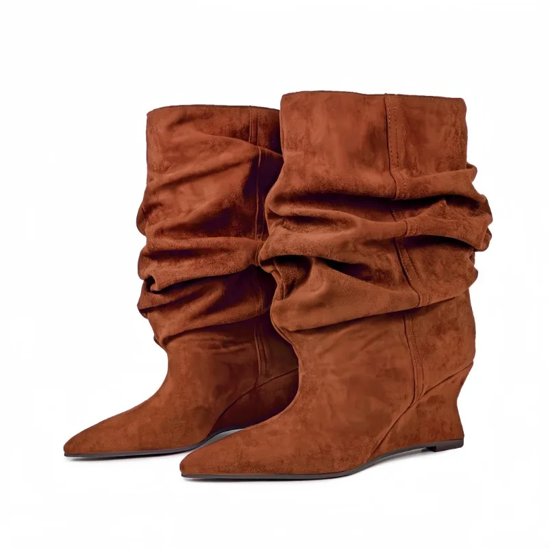 

Женские сапоги во французском стиле с плиссировкой и заостренным носком, европейские и американские сексуальные замшевые сапоги в стиле ретро, красные свадебные туфли