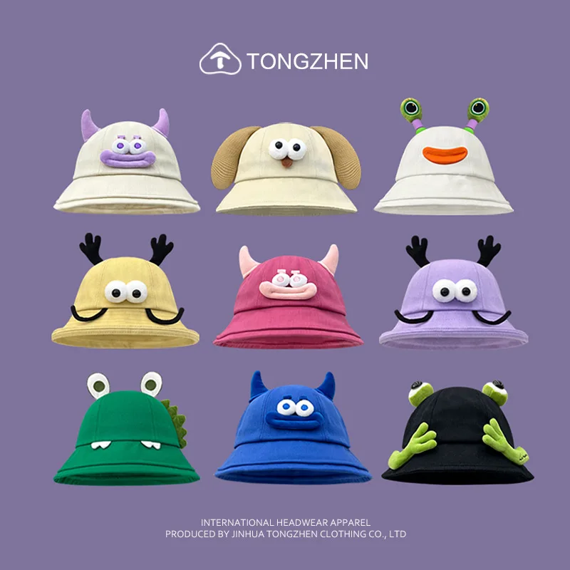 

Cartoon Cowhorn Bucket Hat Cute Sunscreen and Shading Big Brim Women Hat Outdoors Basin Cap Girls