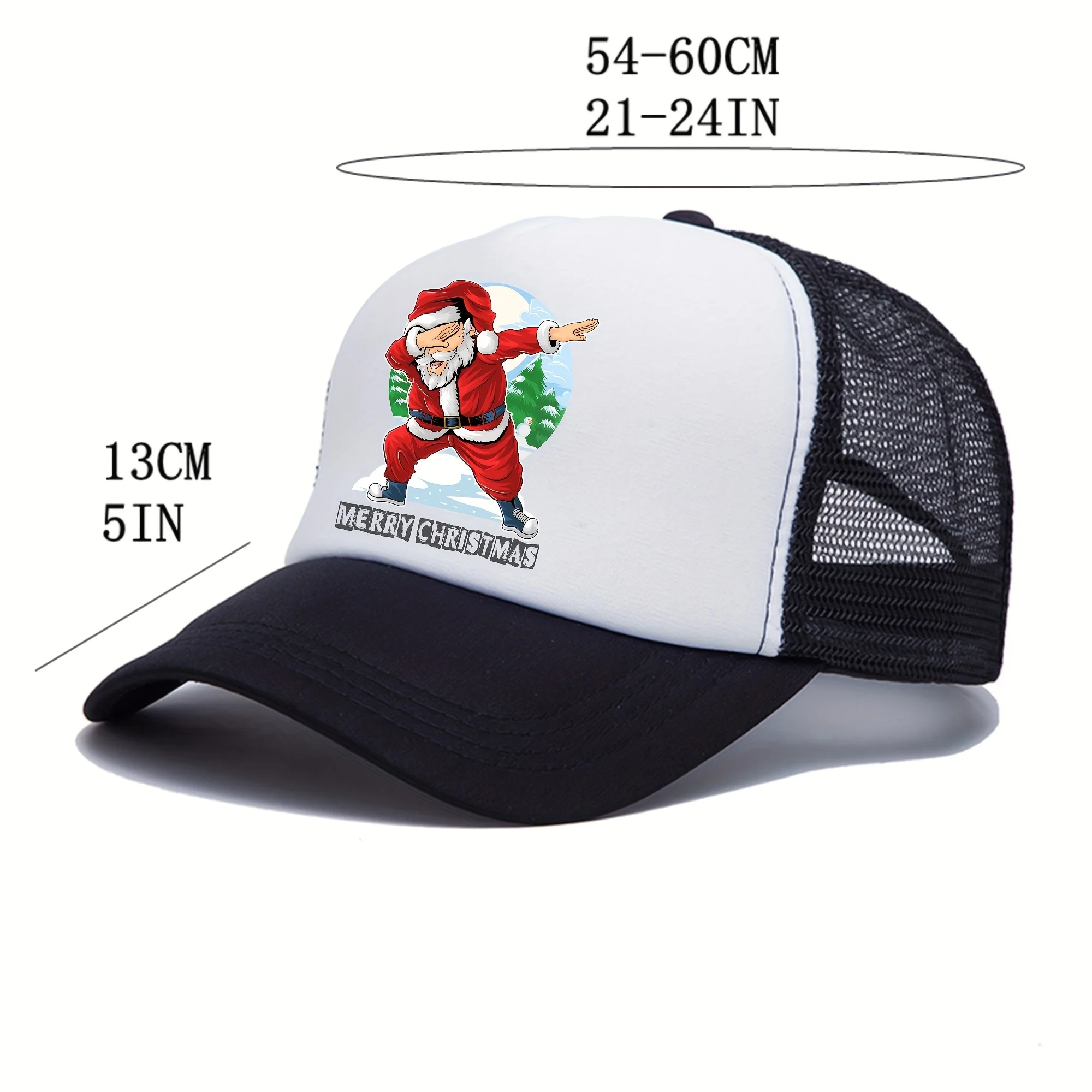 Santa Claus Print Trucker Hat - Adjustable Snapback Cap with Breathable Mesh Back, White/Red/Green/Lime Color Options, L