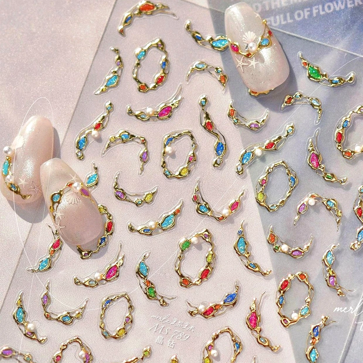 

French Lines Gemstone Necklace Gilding Light Luxury Pearl Self Adhesive Nail Art Decorations Stickers Manicure Decals Wholesale