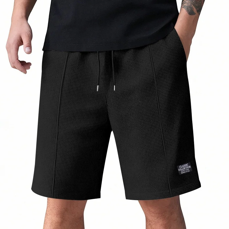 Men Waffle Texture Breathable Fitness Running Shorts Elastic Drawstring Loose Five Point Sport Shorts Training Summer men shorts