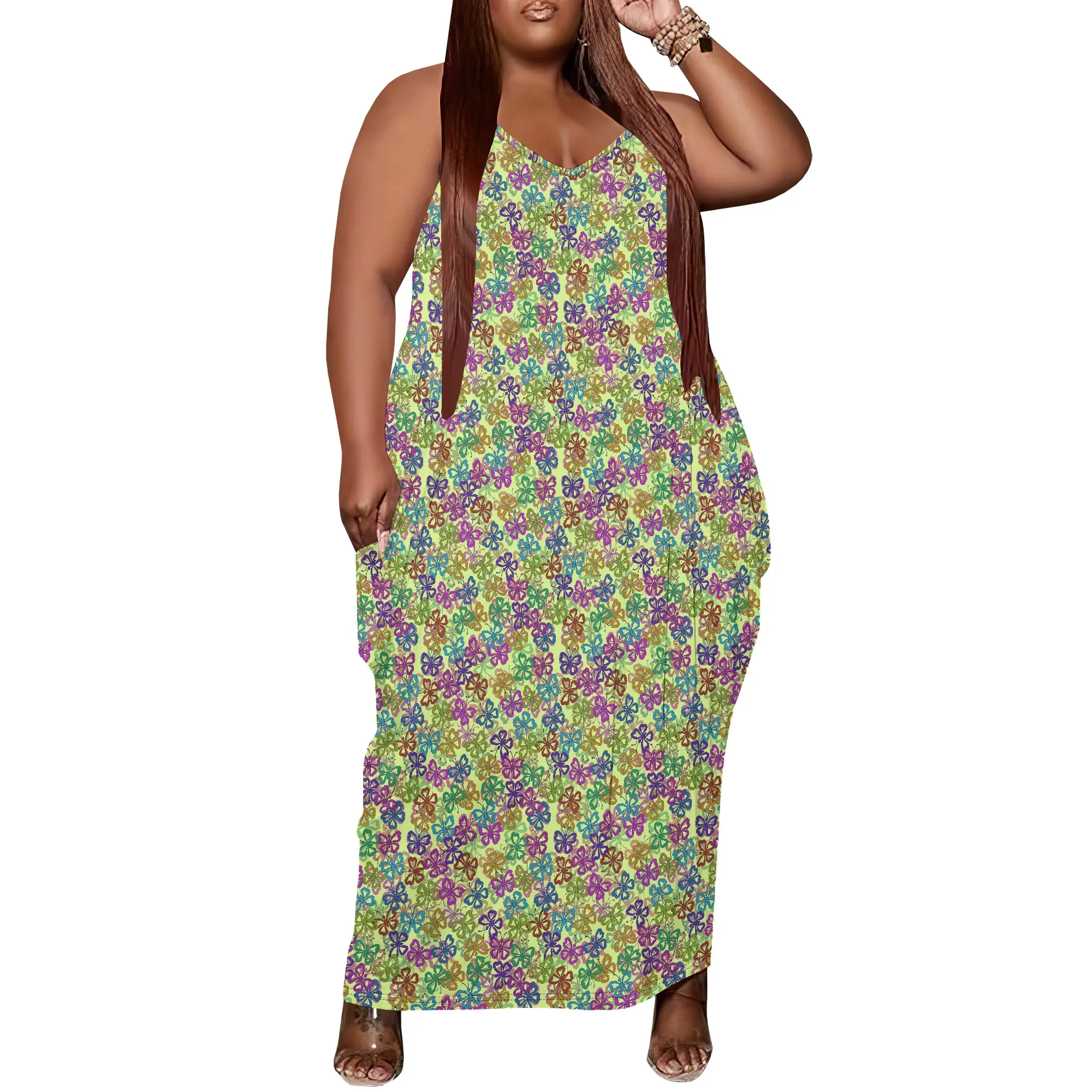 

Women's Plus Size Dress Loose Strap Maxi Dress with Pocket Breathable Rustic Butterfly Print XL-6XL