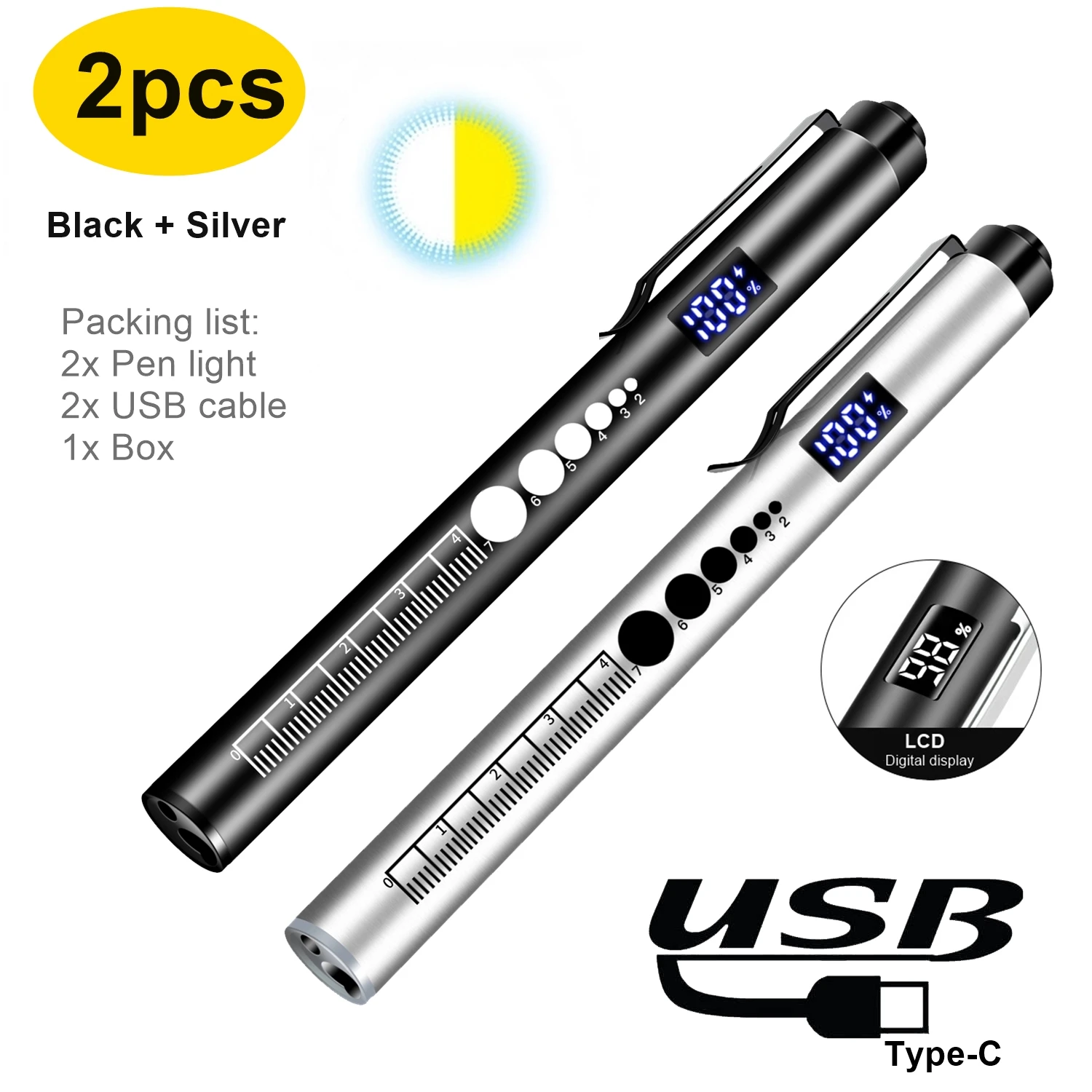 LCD 2-in-1 LED Mini Weiß/Gelb Stiftlicht Taschenlampe USB Wiederaufladbar Augen-Pupillenlampe Camping Kinder Notbeleuchtung Fackel