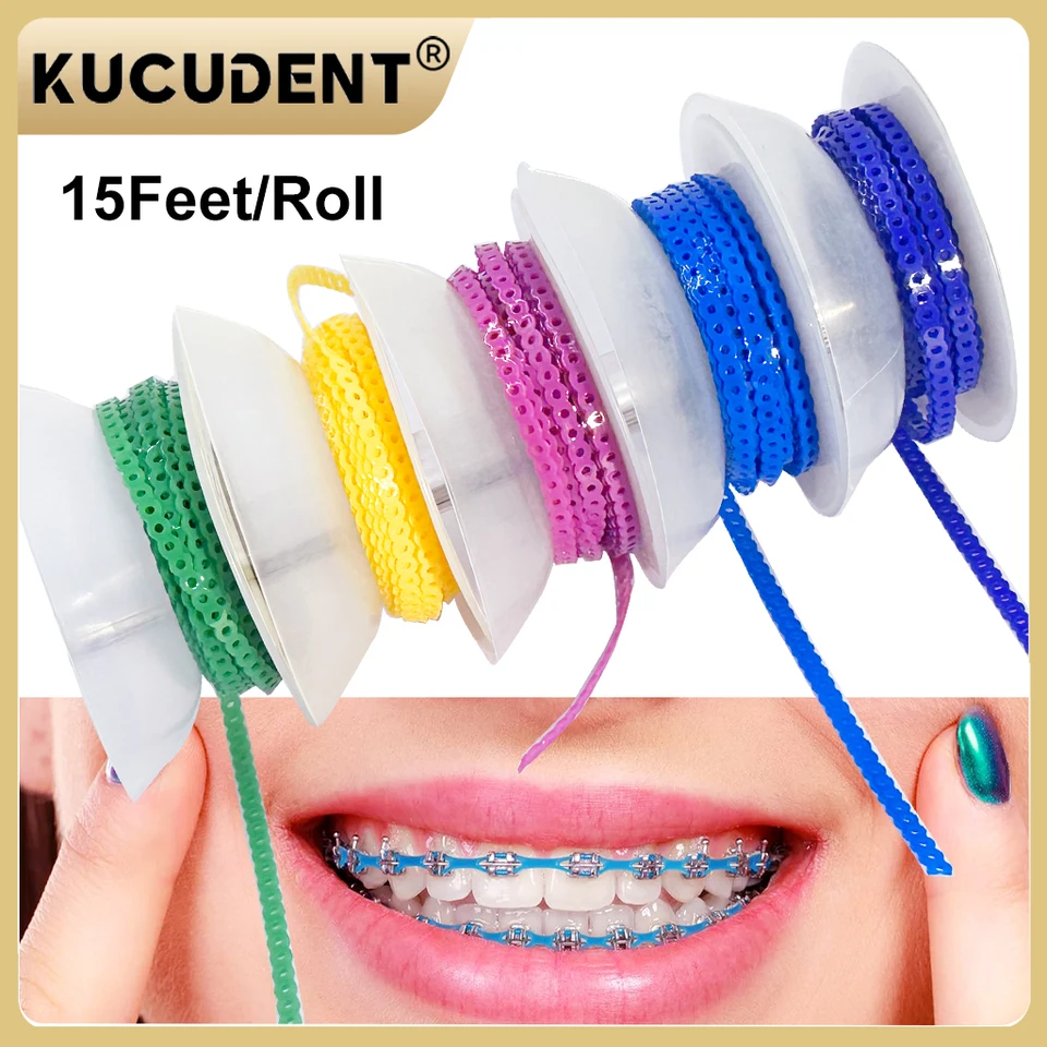 4.57m/Rollo Cadena Elástica de Ortodoncia Dental, Banda de Goma de Colores Continua/Corta/Larga para Brackets, Suministro Dental