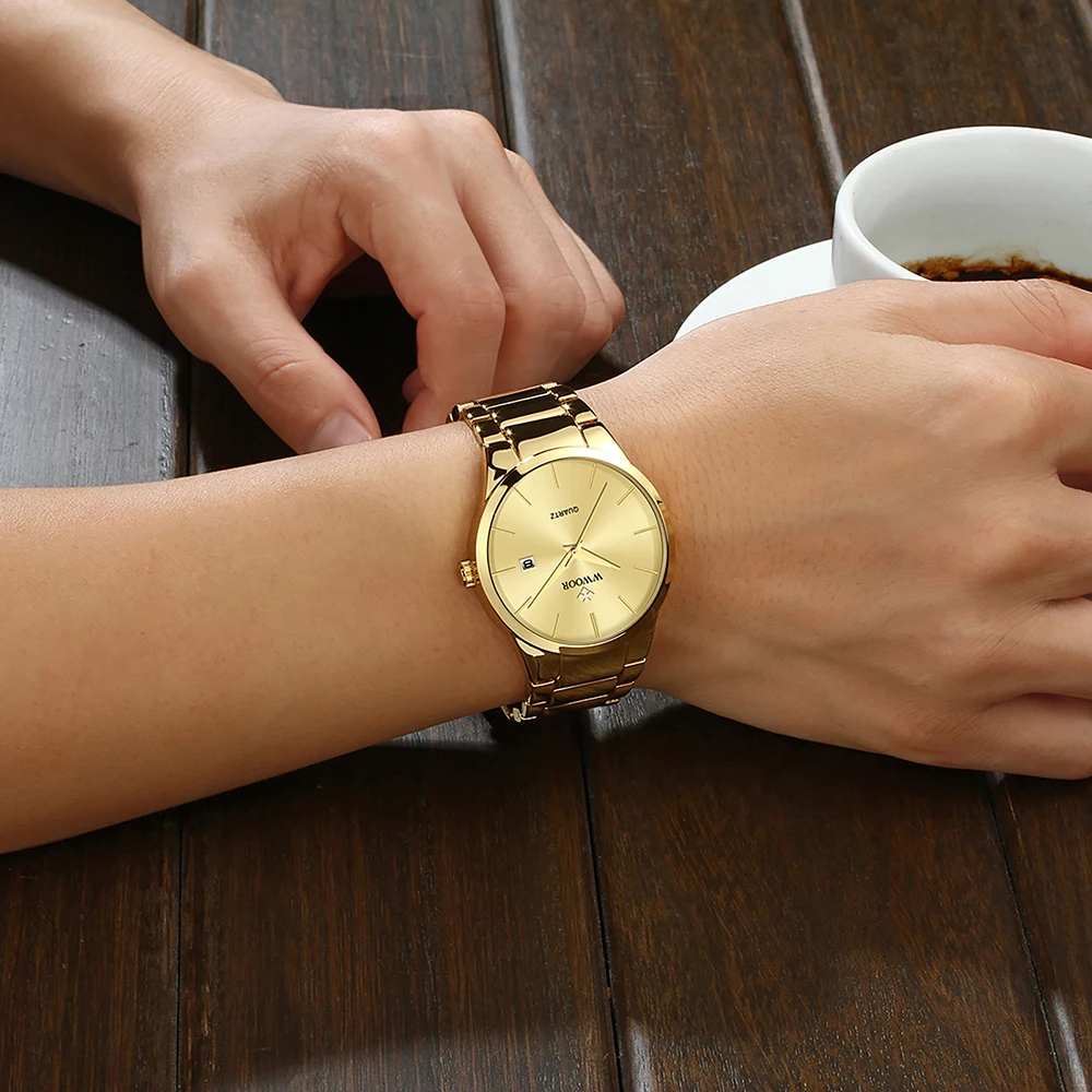 WWOOR Luxury Men Gold Watch Top Brand Fashion Minimalist Quartz Stainless Steel Waterproof Date Wristwatch Relogio Masculino
