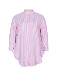 plus Size High Collar Long Sleeve Women's Shirt Pink White Striped Comfortable Casual Long Shirt Best Choice for Autumn