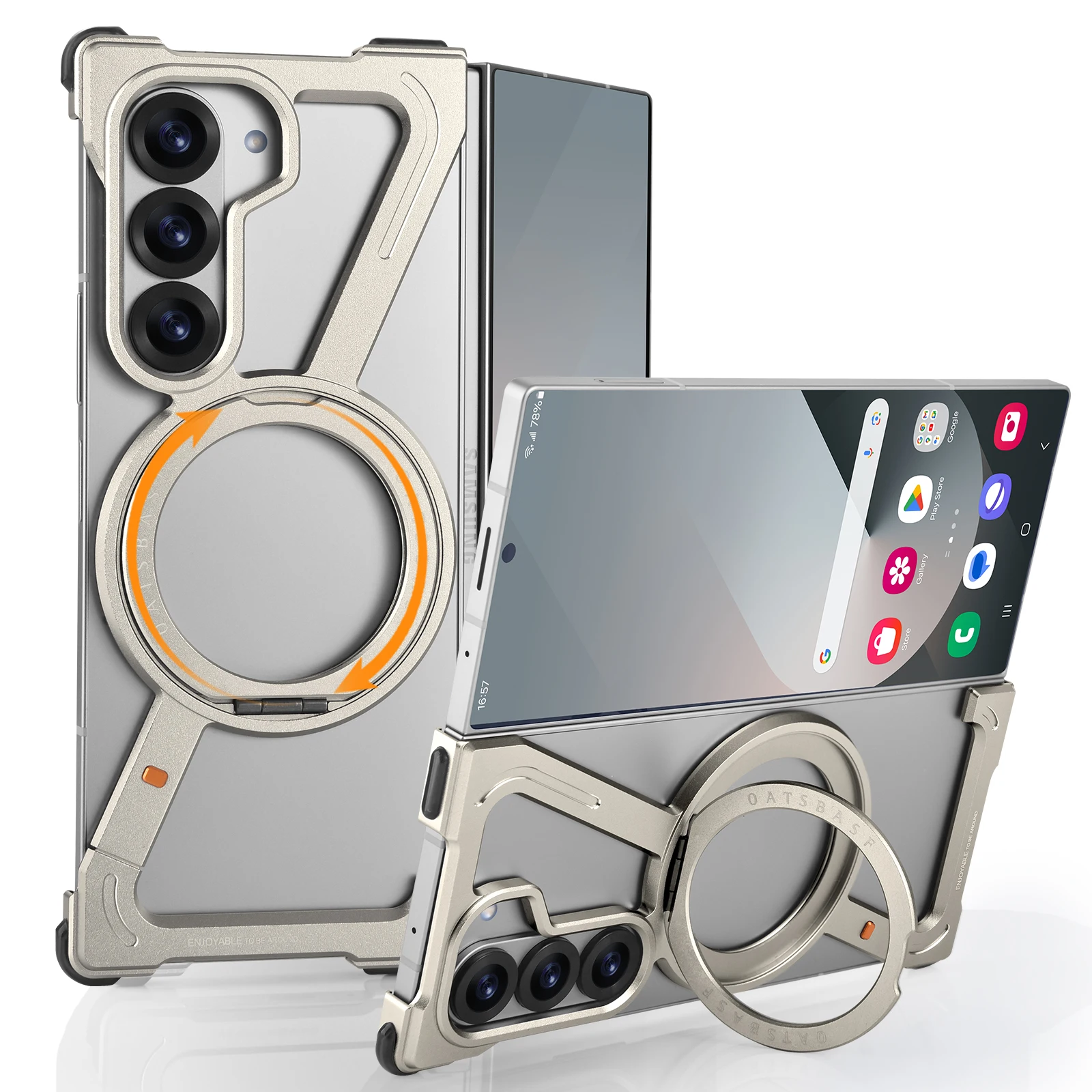 

Магнитный металлический чехол Oatsbasf для телефона Samsung Galaxy Z Fold 7, 6, 5, с 360° ° Вращающаяся подставка, металлический тонкий защитный чехол для телефона