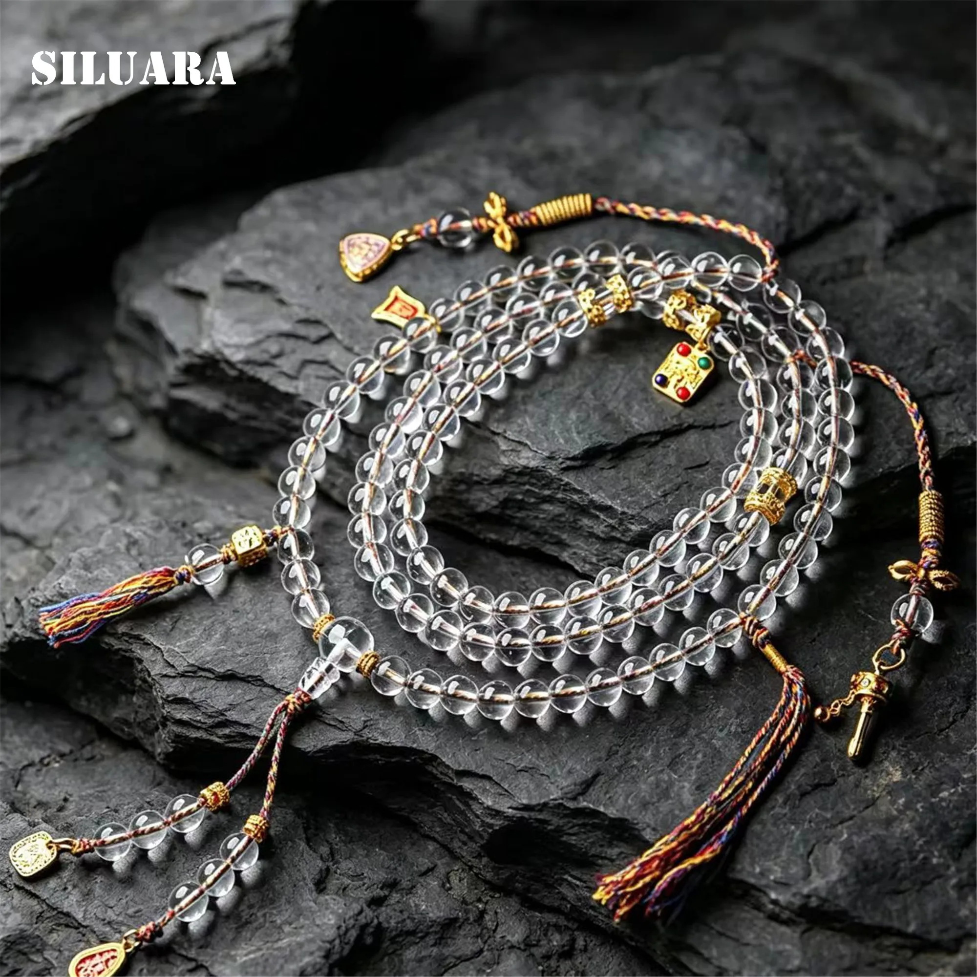 SILUARA Collier de méditation bouddhiste fait main en quartz clair naturel de 8 mm, 108 perles, collier de guérison, perles de prière spirituelles, bijoux de yoga.