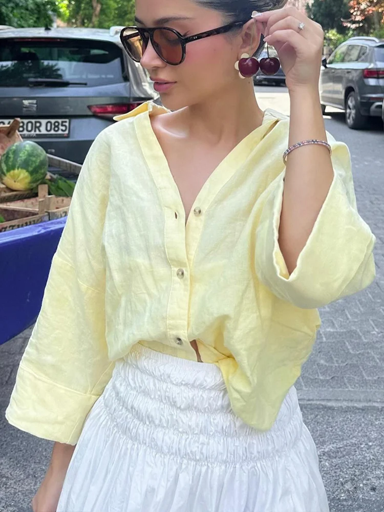 HH-Camiseta corta de manga ancha de lino para mujer, blusa holgada informal de un solo pecho, ropa de oficina elegante para mujer 2025