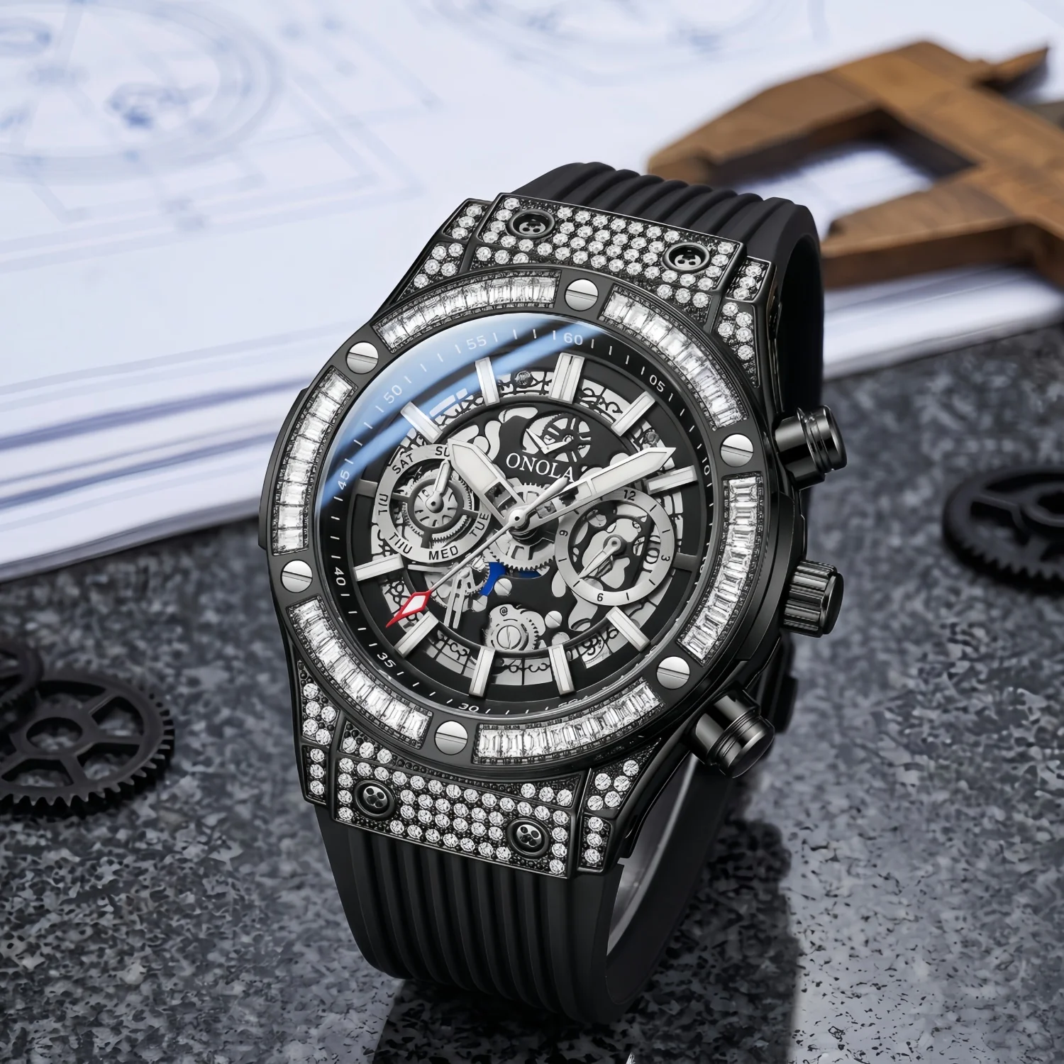 ONOLA black hollow timing watch men's waterproof sports mechanical watch
