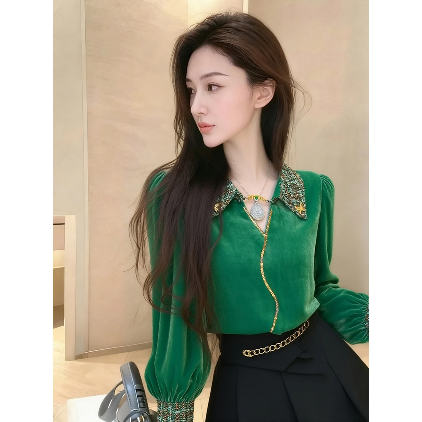 

een Velvet Long Sve irt Women's Design High-End Feel Autumn Winter Slimming Stand Collar Base Layer Top Luxury Sle