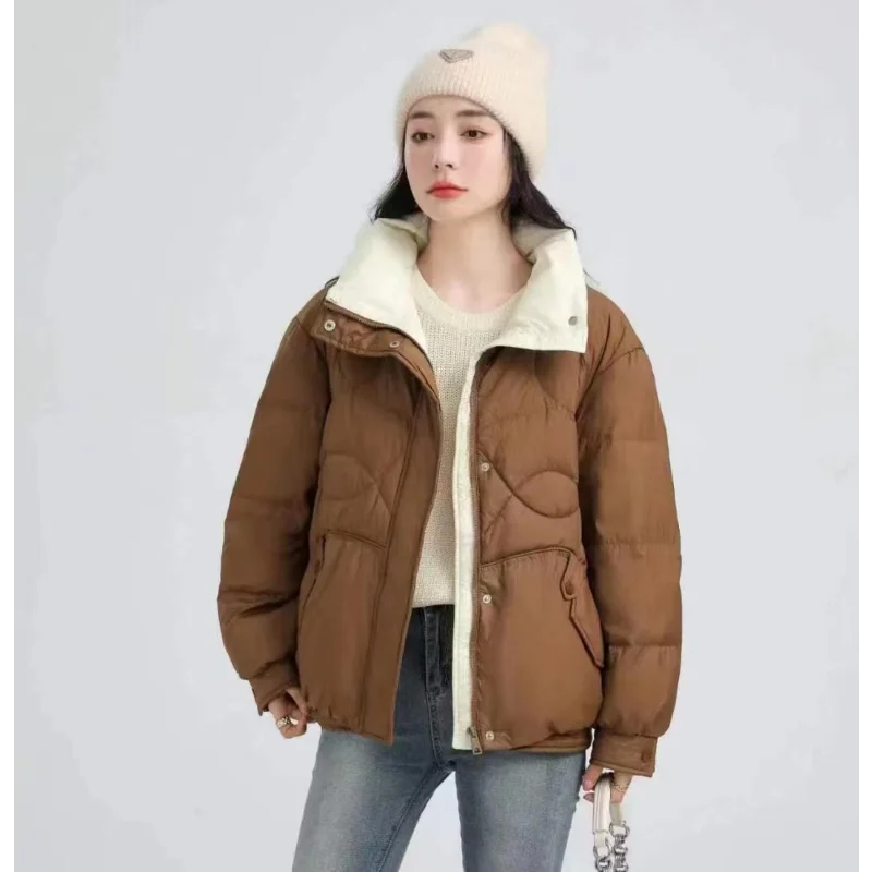 Winter Coat Female Thick Warm Short Down Coats 90 White Duck Down Color Collision Stand-up Collar Stylish Puffer Jacket Women