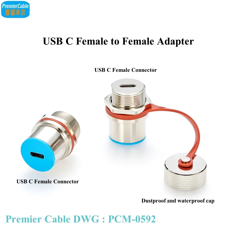 Waterproof Metal USB C Female to Female Adapter IP67 USB 3.1 10Gbps Data Extension Panel Mount Socket with Waterproof Cover