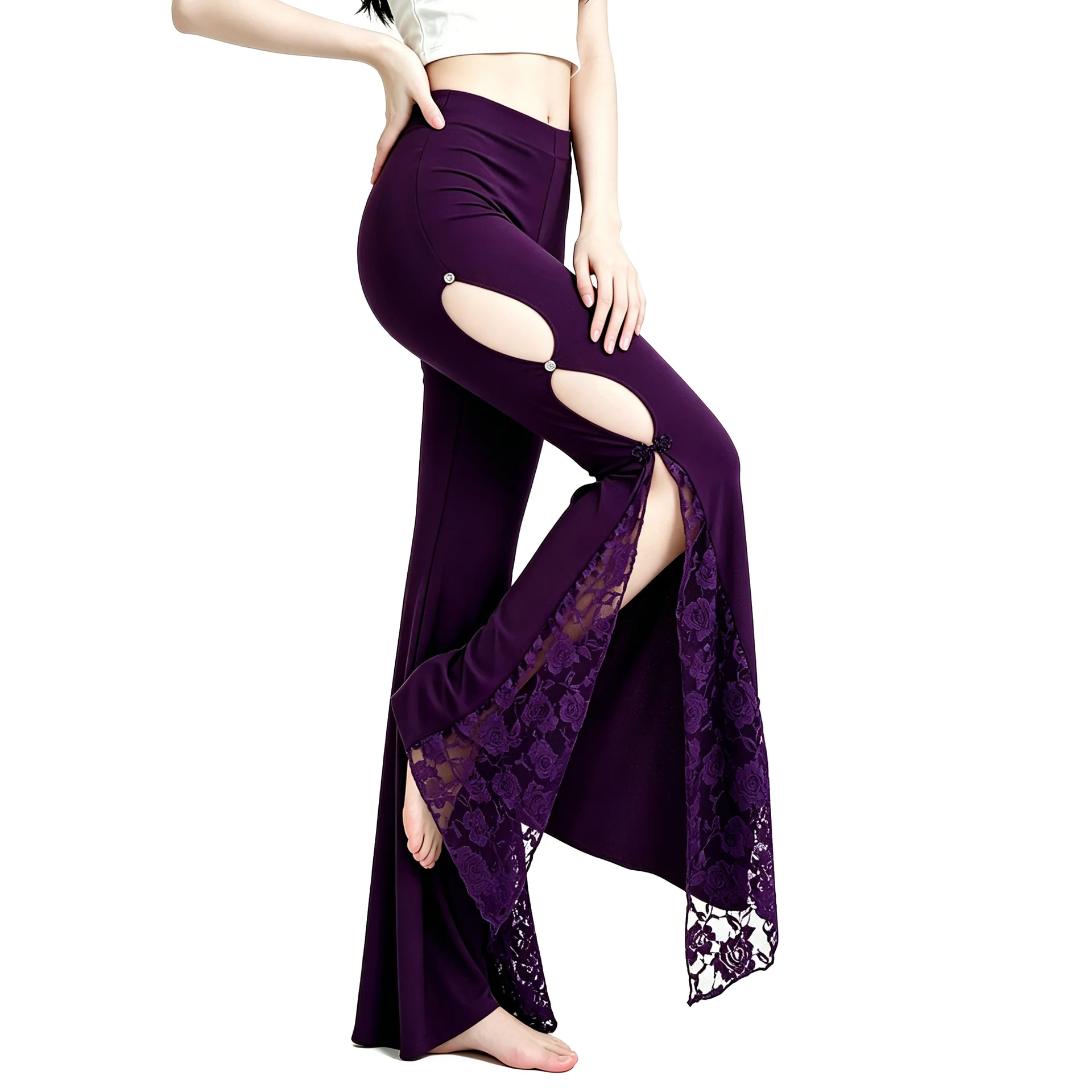 THEEPER Women Belly Dance Flare Pants, Cutout Lace Trim High Waist Dance Trousers, Belly Dance Lesson Practice Wear