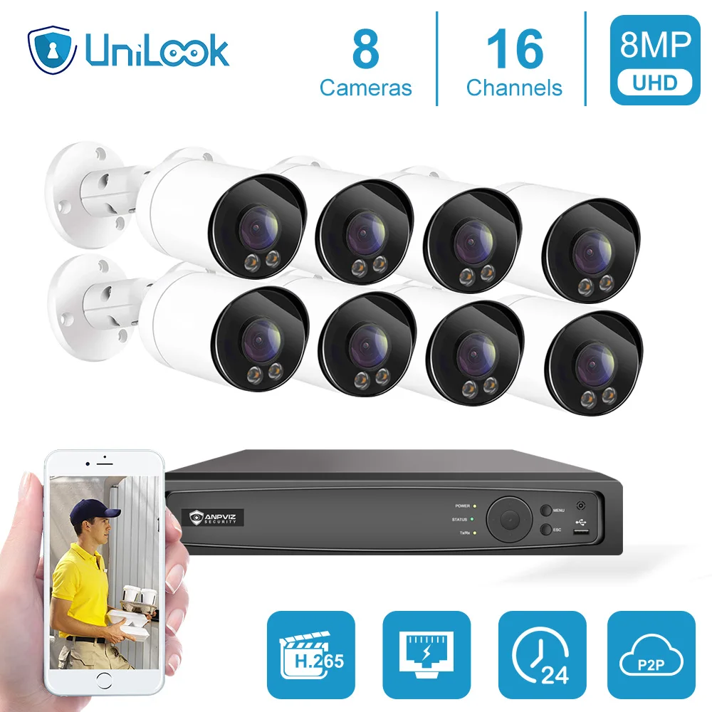 UniLook 8CH CCTV System 8Pcs 8MP ColorVu POE IP Camera  with Mic Full Color Night Vision IP66 Surveillance Camera H.265 P2P