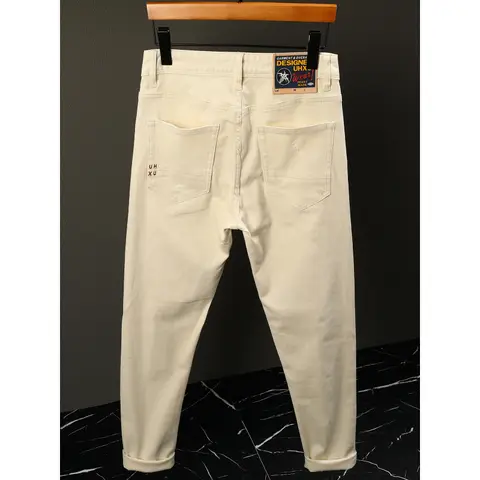 Üst Düzey Bej Pantolon Erkek, Basit Yırtık Modaya Uygun Sokak Stili, Japon Tarzı Dar Paça Kot Pantolon