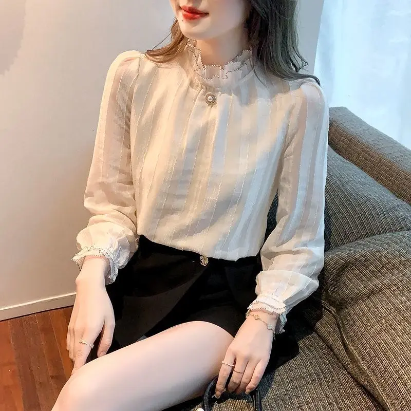 Women\'s Fashion Vintage Ruffle Beaded Sweet Blouse Elegant Chic Stand Collar Chiffon Shirts Female Casual Long Sleeve Solid Tops