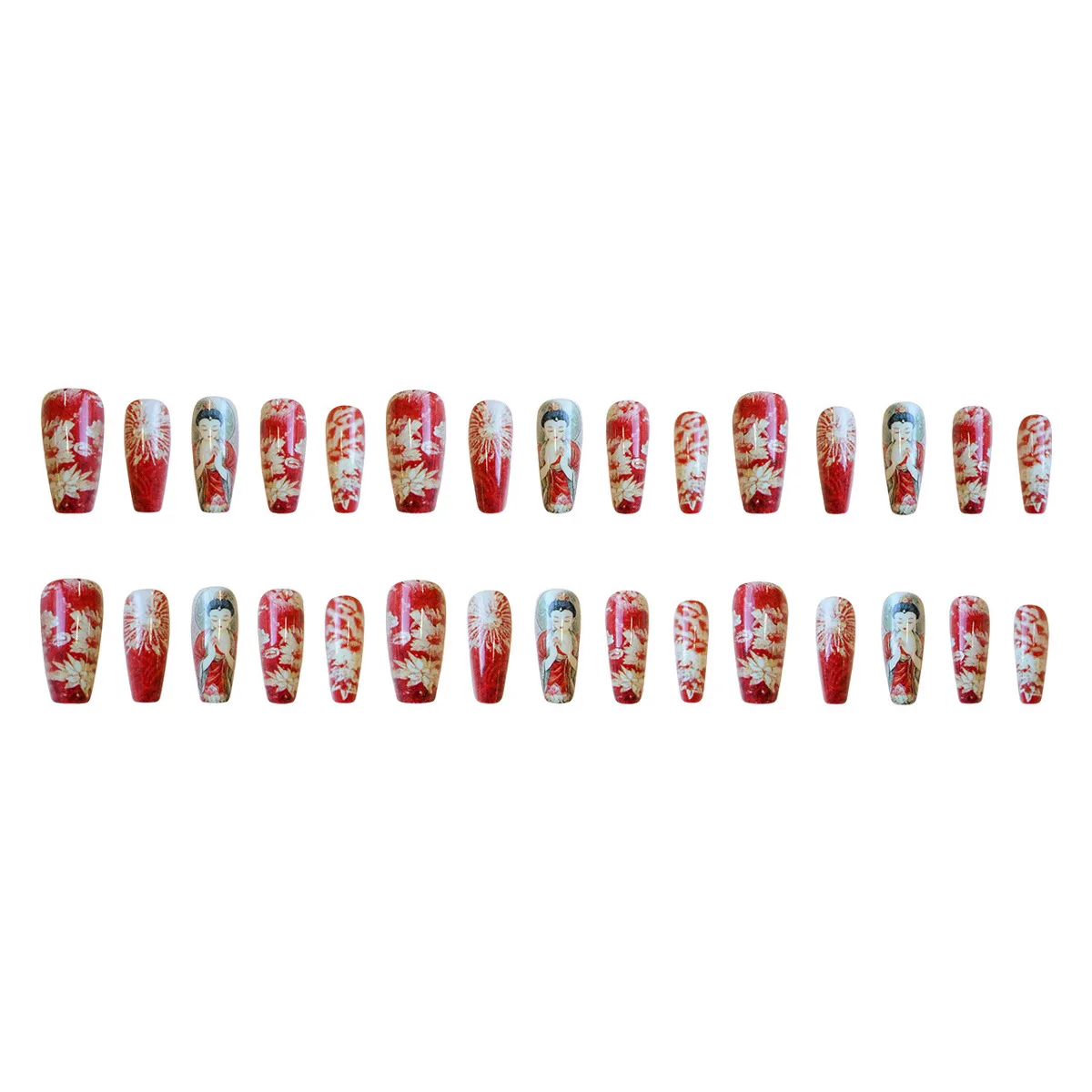 24pcs Chinese style Dunhuang National style Fake Nails Tips Buddha Golden Lotus Pattern Wearable New Year Red Press on Nails