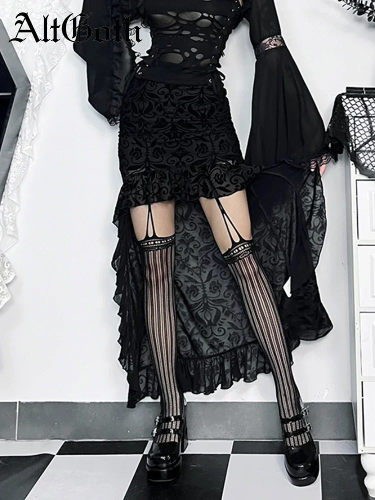 AltGoth Ästhetischen Vintage Gothic Beflockung Rock Frauen Fairycore Grunge Elegante Sexy