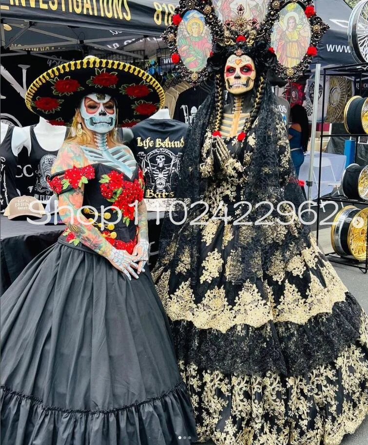 Black Gold Charro Catrina Quinceanera Dresses Mexican Long Sleeve Applique Lace Puffy Skeleton Corset vestido de baile 15 anos