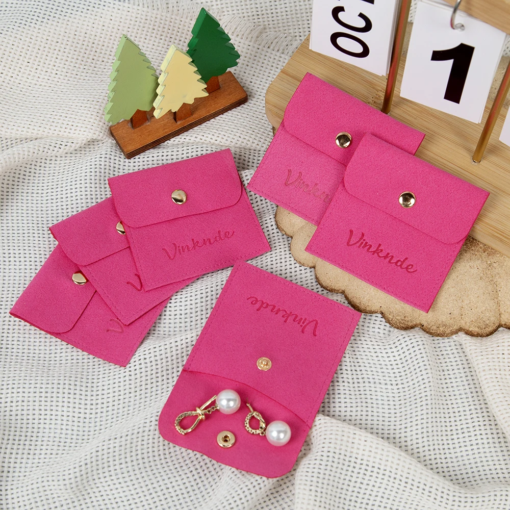 

50Pcs Personalized Logo Rose Red Microfiber Snap Bag 6x6cm Suede Envelope Button Pouches Velvet Pockets Jewelry Gift Organizer