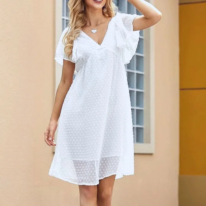 

New European and American women's clothing short skirt V-neck solid color lotus leaf sleeve lace mesh dress fashionable, simple