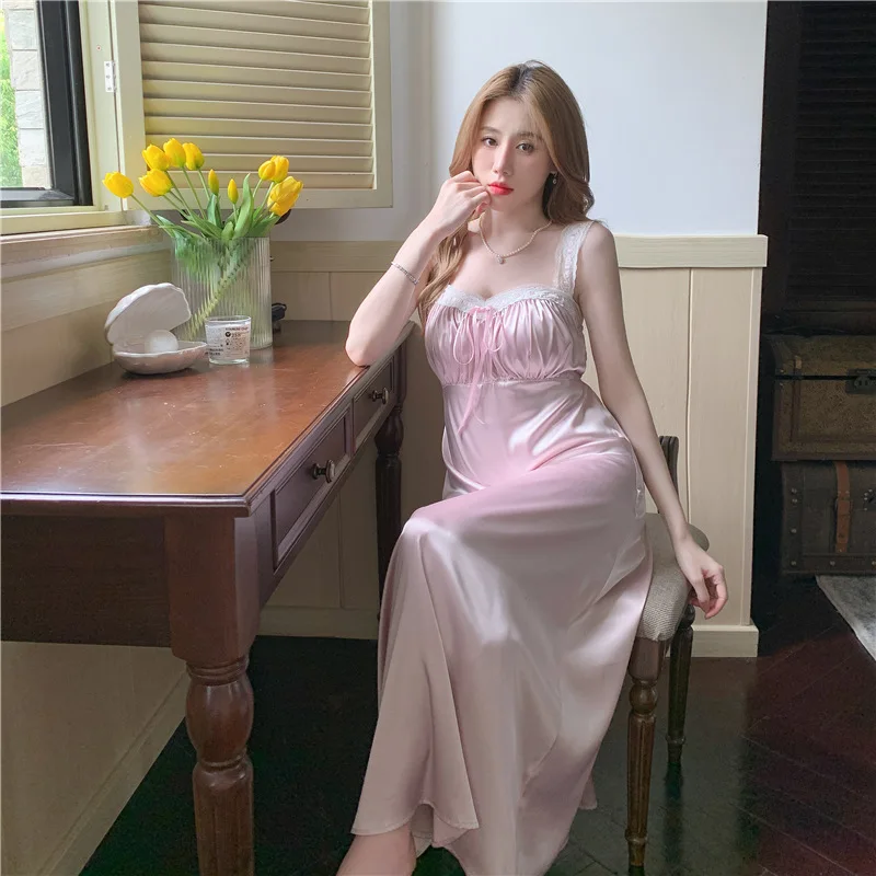 French Style Lace Nightgown Women Long Sleepshirt Sexy Spaghetti Strap Nightwear Rayon Lounge Wear Elegant Robe Gown Lingerie